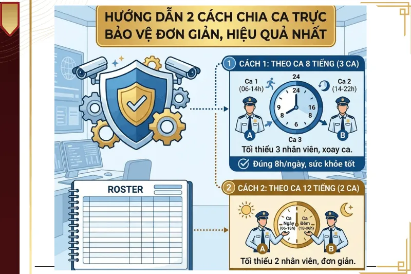 Hướng dẫn 2 cách chia ca trực bảo vệ 24/24h phổ biến gồm hệ 3 ca 8 tiếng và hệ 2 ca 12 tiếng tối ưu cho doanh nghiệp.