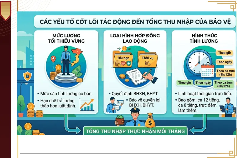 cac-yeu-to-anh-huong-luong-bao-ve chi tiết về các yếu tố cấu thành tổng thu nhập của nhân viên bảo vệ, bao gồm lương tối thiểu vùng, loại hợp đồng và hình thức tính lương.