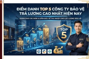 Hình ảnh infographic top 5 công ty bảo vệ trả lương cao nhất hiện nay với biểu đồ tăng trưởng thu nhập và nhân viên bảo vệ chuyên nghiệp.