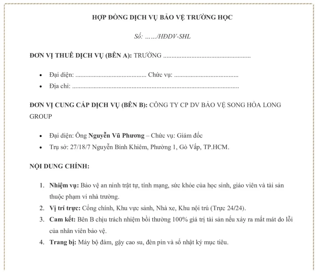 Mẫu Hợp Đồng Thuê Bảo Vệ Trường Học