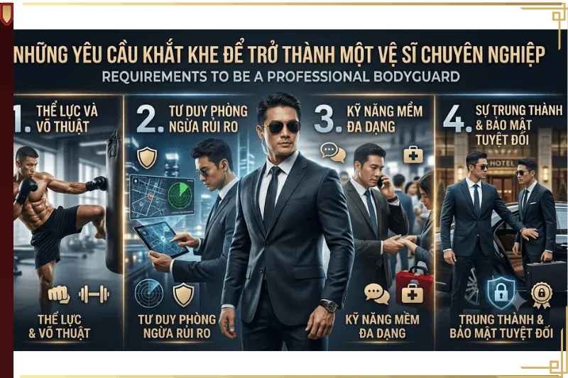 Tiêu chuẩn trở thành vệ sĩ chuyên nghiệp với 4 yếu tố: Thể lực võ thuật, Tư duy rủi ro, Kỹ năng mềm và Bảo mật trung thành