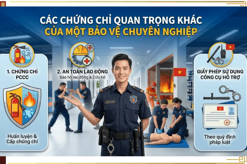 Các chứng chỉ quan trọng của bảo vệ chuyên nghiệp bao gồm PCCC, an toàn lao động và giấy phép sử dụng công cụ hỗ trợ