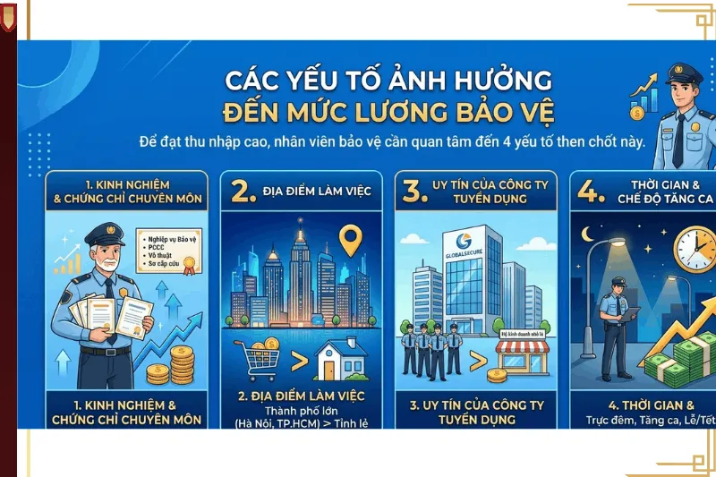 4 yếu tố ảnh hưởng đến mức lương bảo vệ gồm kinh nghiệm, địa điểm làm việc, uy tín công ty và thời gian tăng ca.