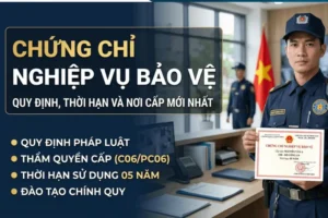 Nhân viên bảo vệ chuyên nghiệp cầm chứng chỉ nghiệp vụ bảo vệ do Bộ Công an cấp
