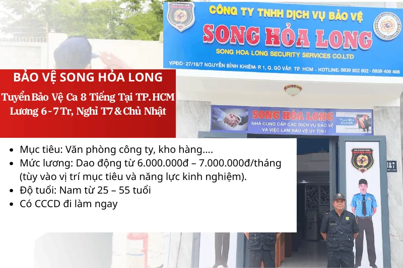 Tuyển Bảo Vệ Ca 8 Tiếng Tại TPHCM- Lương 6-7Tr, Nghỉ Chủ Nhật