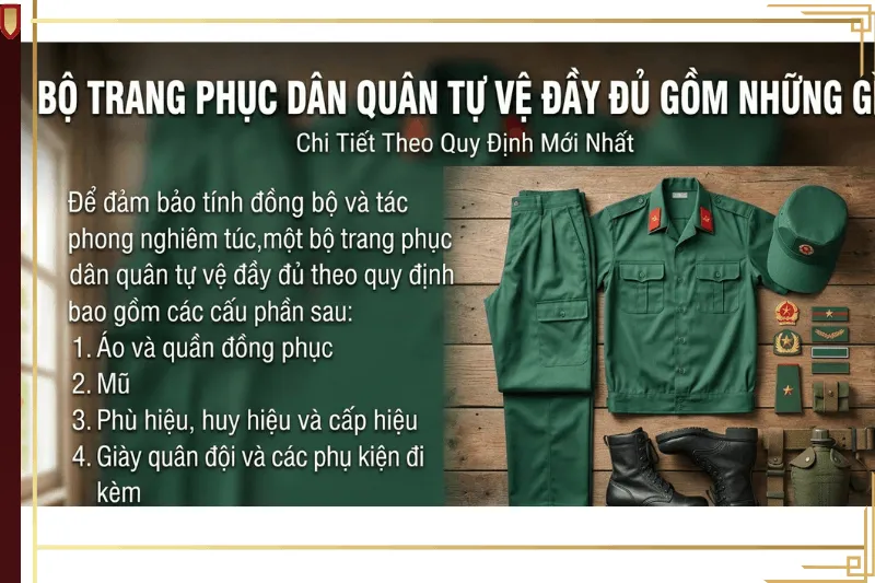 Trọn bộ trang phục dân quân tự vệ đầy đủ theo quy định mới nhất gồm quần áo, mũ, giày, phù hiệu và phụ kiện
