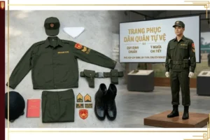 Bộ trang phục dân quân tự vệ gồm áo, quần, mũ, giày, thắt lưng