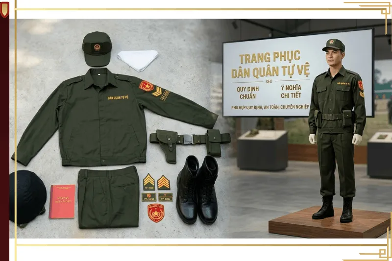 Bộ trang phục dân quân tự vệ gồm áo, quần, mũ, giày, thắt lưng