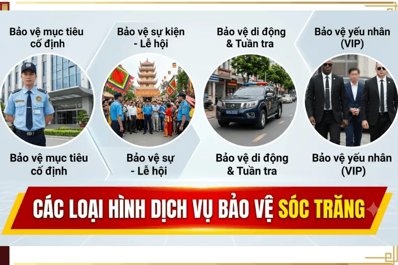 cac-loai-hinh-dich-vu-bao-ve-soc-trang. Các loại hình dịch vụ bảo vệ chuyên nghiệp tại Sóc Trăng bao gồm mục tiêu cố định, sự kiện, tuần tra và VIP