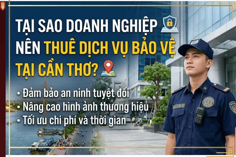 Mô tả lý do doanh nghiệp nên thuê dịch vụ bảo vệ tại Cần Thơ với hình ảnh cầu Cần Thơ và nhân viên an ninh chuyên nghiệp.