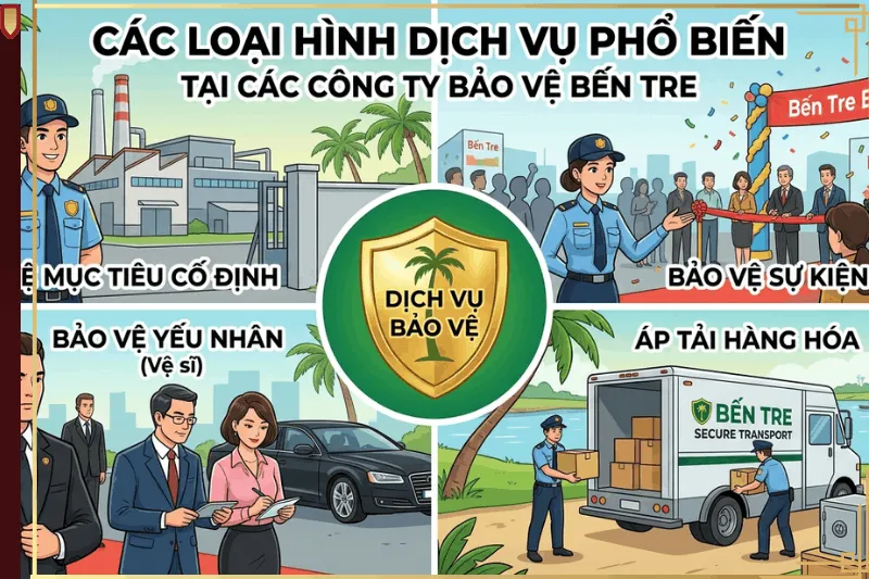 tổng hợp 4 loại hình dịch vụ bảo vệ phổ biến tại Bến Tre bao gồm bảo vệ mục tiêu cố định, sự kiện, yếu nhân và áp tải hàng hóa.