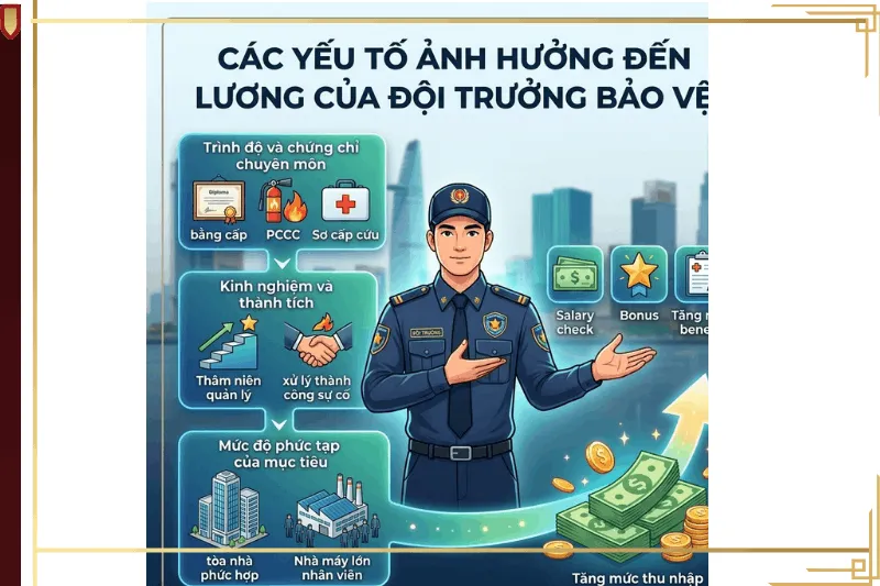 chi tiết về các yếu tố ảnh hưởng đến lương của đội trưởng bảo vệ bao gồm trình độ chuyên môn, kinh nghiệm thành tích và mức độ phức tạp của mục tiêu quản lý.
