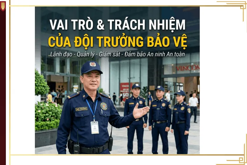 Đội trưởng bảo vệ mặc đồng phục chỉnh tề đang chỉ đạo và quản lý đội ngũ nhân viên bảo vệ chuyên nghiệp trước tòa nhà trung tâm thương mại.