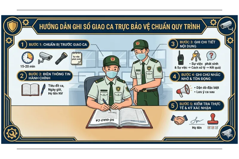 hướng dẫn quy trình 5 bước ghi sổ giao ca trực bảo vệ chuyên nghiệp, chuẩn chỉnh và không sai sót.