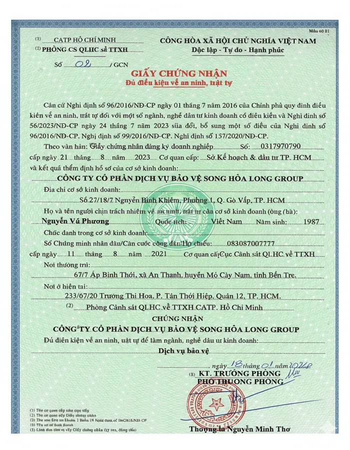 Giấy xác nhận đủ điều kiện về an ninh trật tự của Công ty Bảo vệ Song Hỏa Long Group.