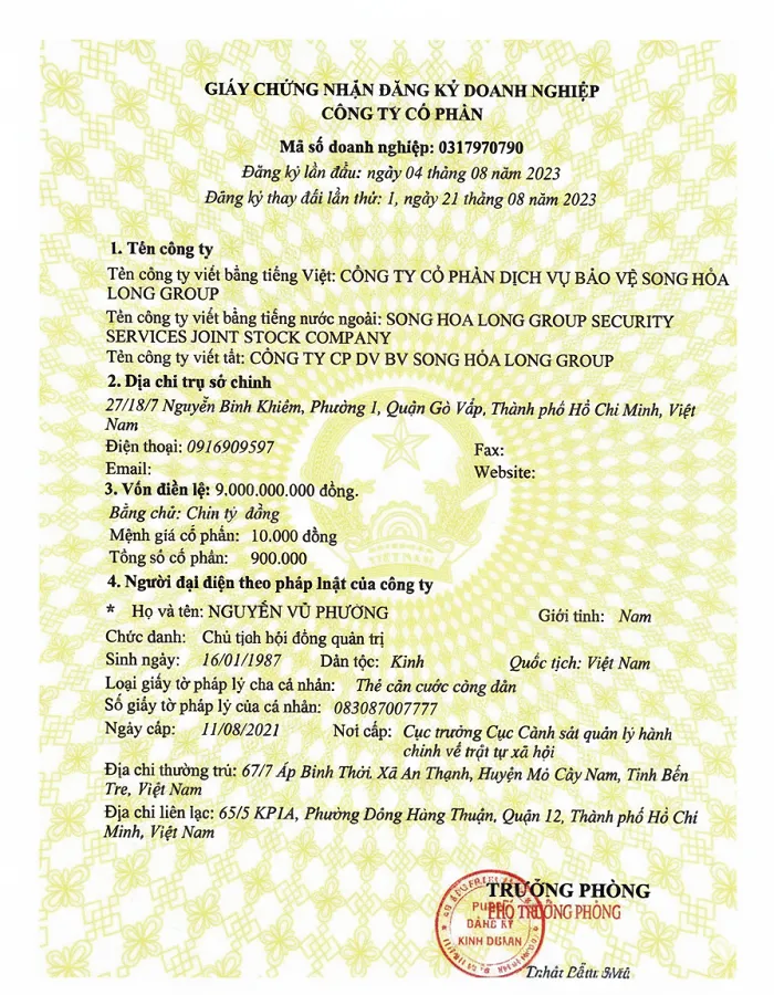 Giấy phép kinh doanh chính thức của Công ty Cổ phần Dịch vụ Bảo vệ Song Hỏa Long Group
