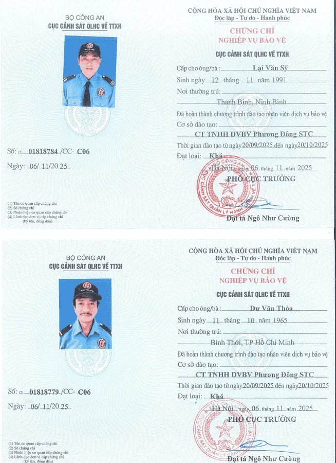 Nhân viên bảo vệ Song Hỏa Long được cấp chứng chỉ nghiệp vụ bảo vệ chính quy