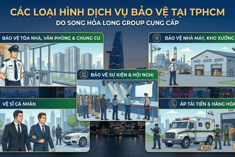 cac-loai-hinh-dich-vu-bao-ve-tphcm-song-hoa-long-group Hình ảnh minh họa các loại hình dịch vụ bảo vệ chuyên nghiệp tại TPHCM do Song Hỏa Long Group cung cấp bao gồm bảo vệ tòa nhà, nhà máy, sự kiện, vệ sĩ cá nhân và áp tải tiền.