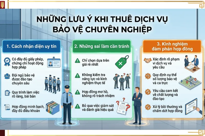 tóm tắt những lưu ý quan trọng khi thuê dịch vụ bảo vệ chuyên nghiệp bao gồm cách nhận diện uy tín, sai lầm cần tránh và kinh nghiệm đàm phán hợp đồng
