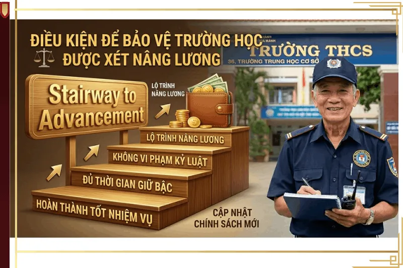 Hình ảnh minh họa các điều kiện xét nâng lương cho bảo vệ trường học bao gồm hoàn thành tốt nhiệm vụ và đủ thời gian giữ bậc