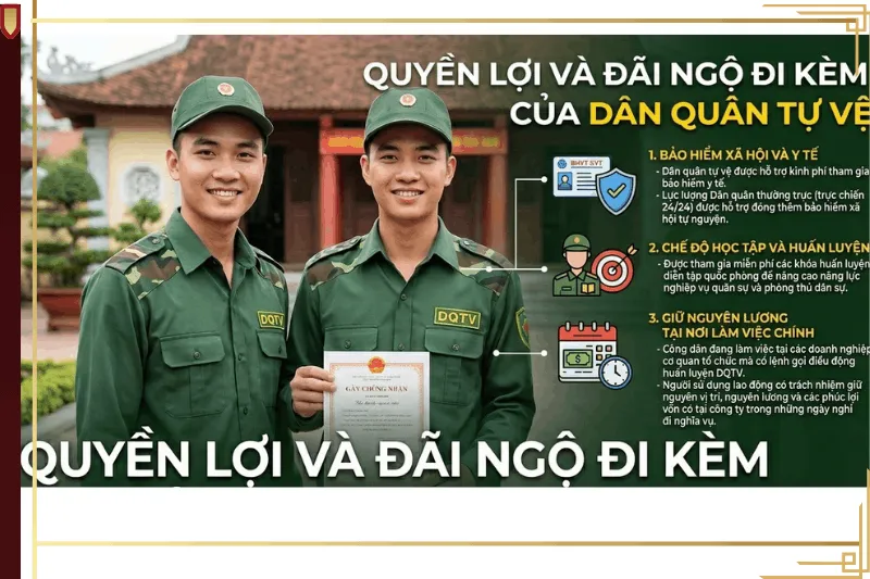 quyền lợi và đãi ngộ đi kèm của lực lượng Dân quân tự vệ với hình ảnh hai chiến sĩ
