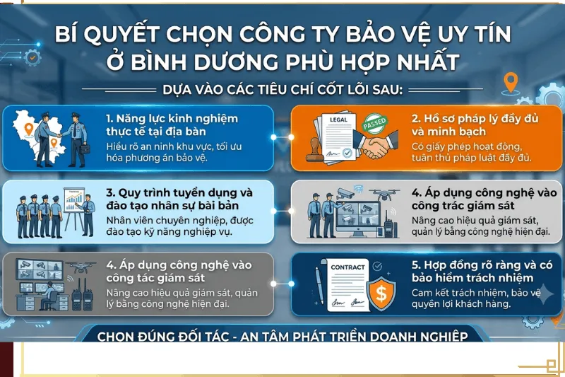 bi-quyet-chon-cong-ty-bao-ve-uy-tin-o-binh-duong Hình ảnh tổng hợp 5 tiêu chí cốt lõi để chọn công ty bảo vệ uy tín tại Bình Dương phù hợp cho doanh nghiệp.
