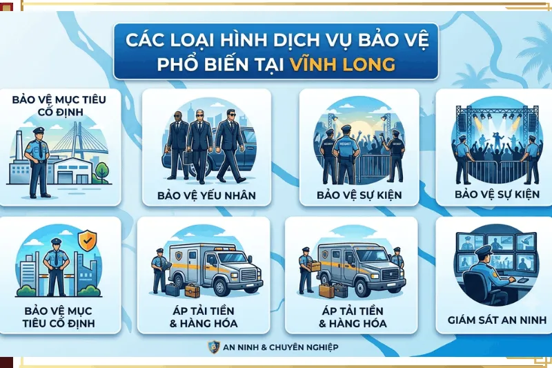 Bảng tổng hợp các loại hình dịch vụ bảo vệ tại Vĩnh Long bao gồm bảo vệ mục tiêu cố định, bảo vệ yếu nhân, sự kiện, áp tải tiền và giám sát an ninh.