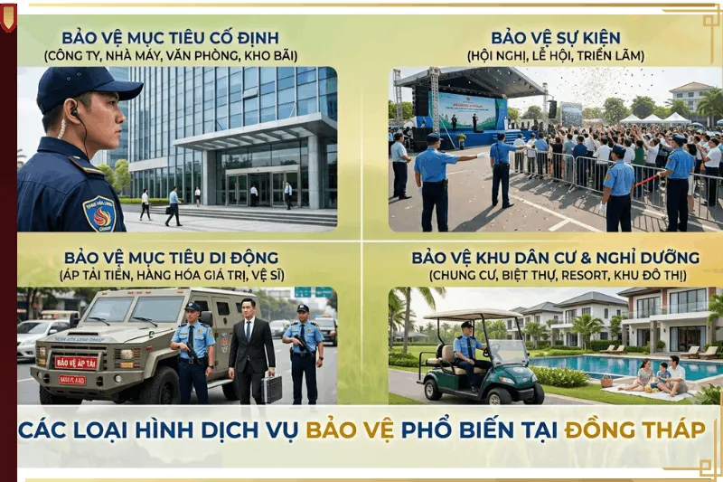 Tổng hợp các loại hình dịch vụ bảo vệ chuyên nghiệp và uy tín cho doanh nghiệp tại tỉnh Đồng Tháp.