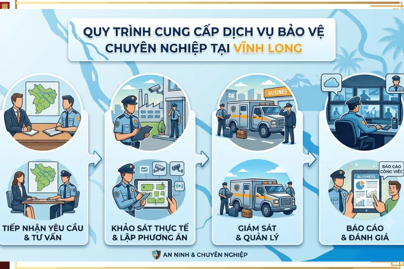 Sơ đồ quy trình 4 bước cung cấp dịch vụ bảo vệ chuyên nghiệp tại Vĩnh Long gồm tiếp nhận yêu cầu, khảo sát lập phương án, giám sát quản lý và báo cáo đánh giá.