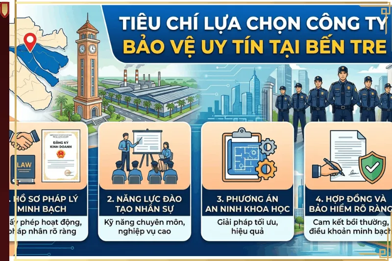 các tiêu chí lựa chọn công ty bảo vệ uy tín tại Bến Tre bao gồm tính pháp lý, chất lượng nhân sự và phương án an ninh khoa học.