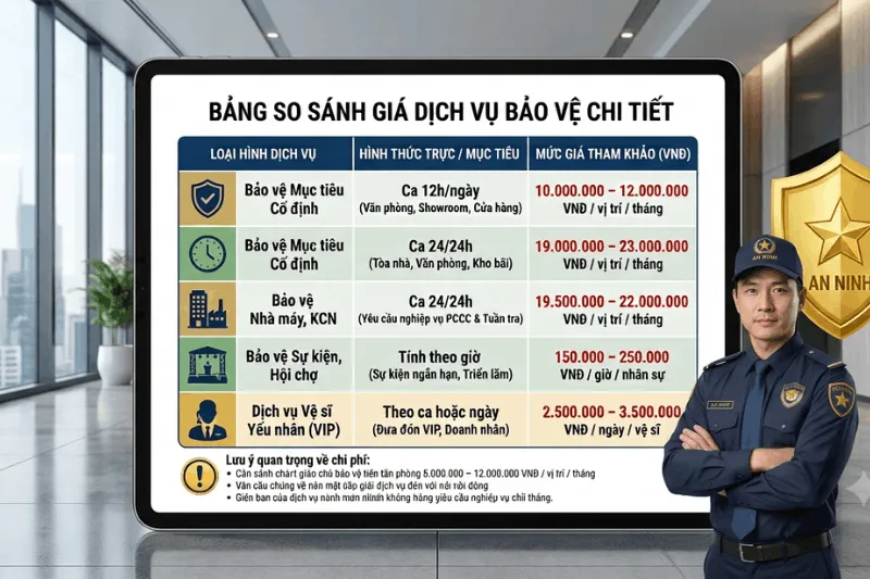 Bảng giá dịch vụ bảo vệ chuyên nghiệp chi tiết cho mục tiêu cố định nhà máy sự kiện và vệ sĩ VIP