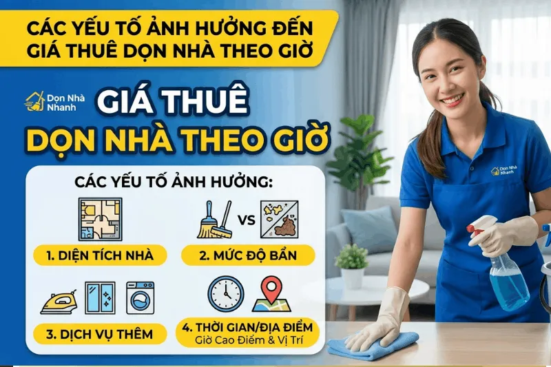 Ảnh đại diện minh họa các yếu tố ảnh hưởng đến giá thuê dọn nhà theo giờ gồm diện tích, độ bẩn, dịch vụ thêm và thời gian đặt dịch vụ