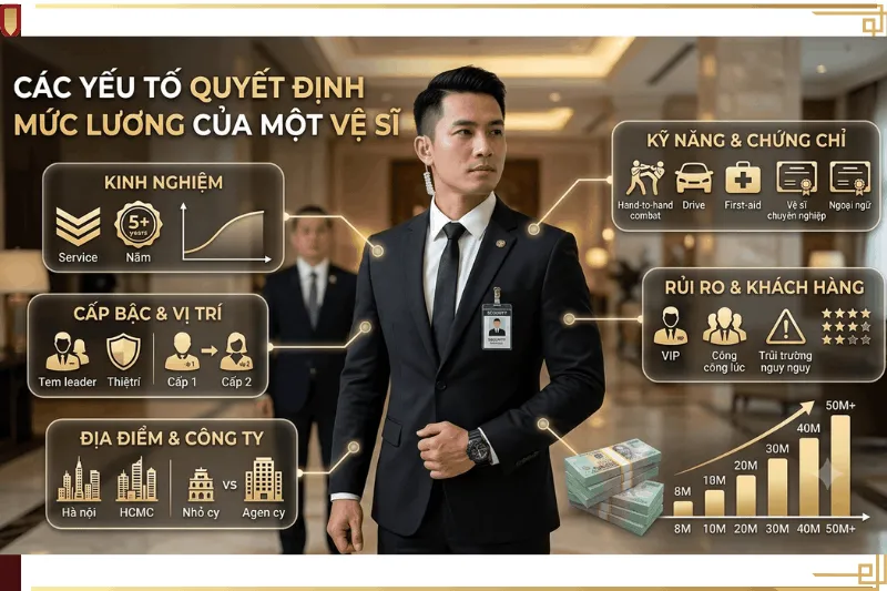 Các yếu tố quyết định mức lương của vệ sĩ chuyên nghiệp tại Việt Nam như kinh nghiệm, kỹ năng, rủi ro và địa điểm.