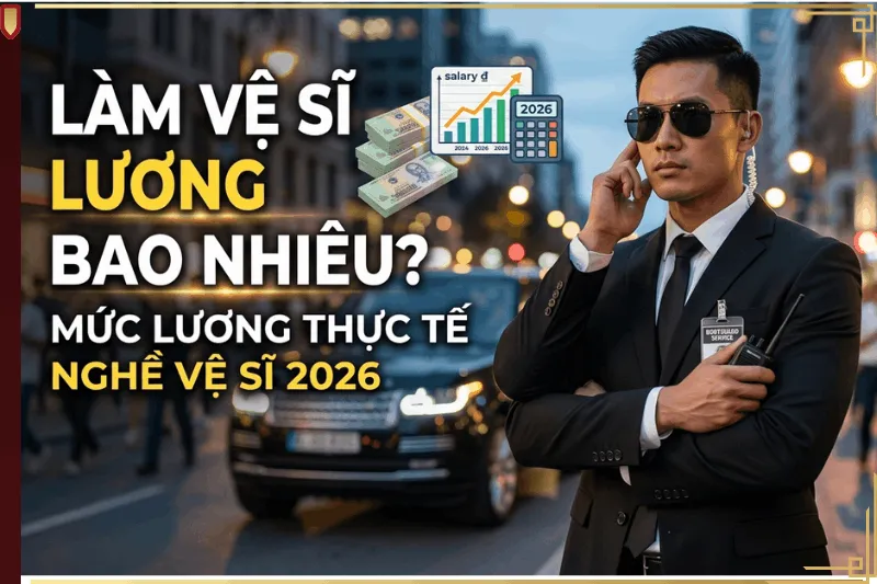 Hình ảnh vệ sĩ chuyên nghiệp đứng trước xe sang kèm dòng chữ Làm Vệ Sĩ Lương Bao Nhiêu? Mức Lương Thực Tế Nghề Vệ Sĩ 2026
