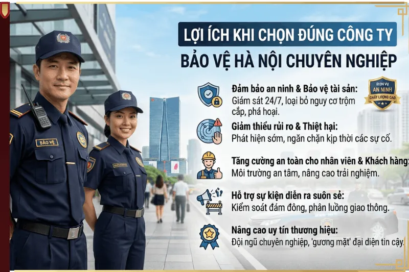 Đồ họa mô tả 5 lợi ích cốt lõi khi thuê công ty dịch vụ bảo vệ chuyên nghiệp tại Hà Nội có cam kết chất lượng cao.