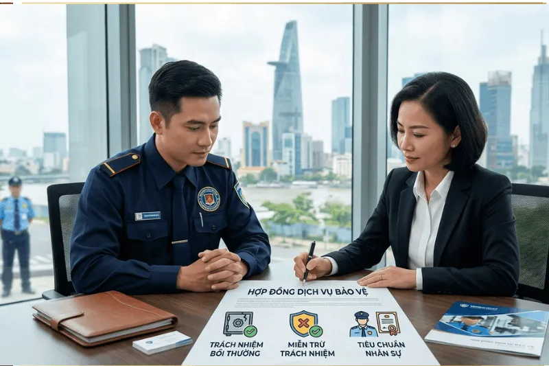 Hai người đang ký hợp đồng thuê dịch vụ bảo vệ chuyên nghiệp với các điều khoản rõ ràng