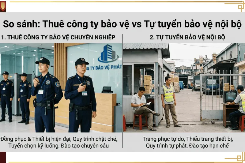 So sánh lợi ích giữa việc thuê công ty bảo vệ chuyên nghiệp và tự tuyển dụng bảo vệ nội bộ