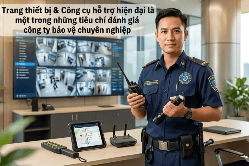 Nhân viên bảo vệ chuyên nghiệp với trang thiết bị hiện đại: bộ đàm, đèn pin, máy tuần tra, flycam, camera giám sát.